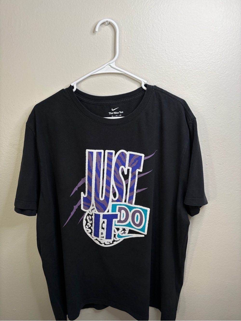 Nike Black 'Just Do It' Graphic Tee with Purple & Teal Accents